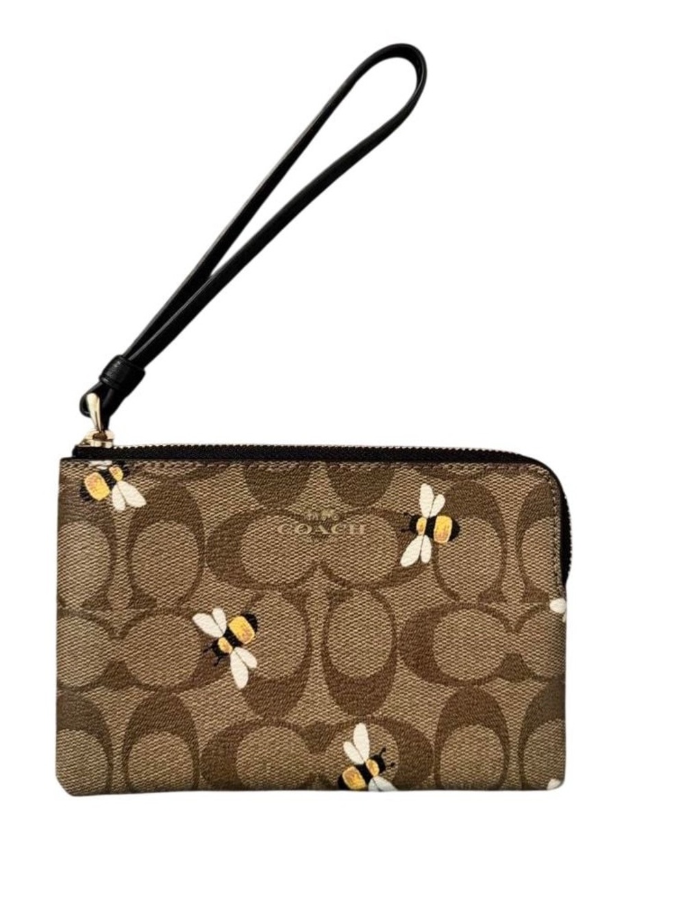 Coach corner zip wristlet in signature bee print!